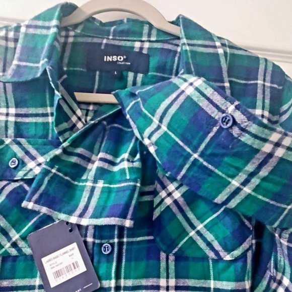 INSO Collection Women's 3/4 Sleeve V Neck Dk Green Plaid Shirt w. pockets NWT - Picture 3 of 5